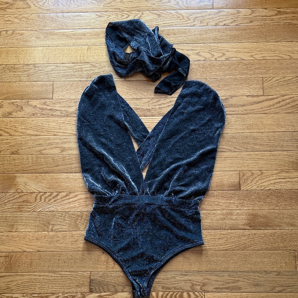 REVOLVE Superdown Shimmering Black Velvet Bodysuit with Scarf